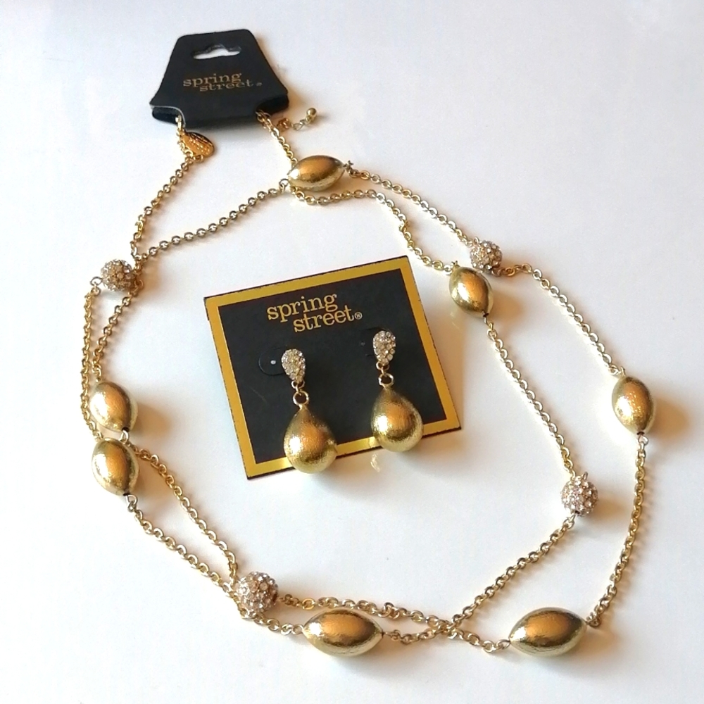 NWT Spring Street Gold Clear Rhinestone Necklace & Earrings